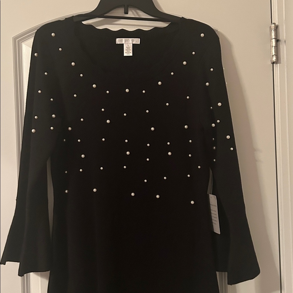 London Times Black Sweater Dress with Pearl Details